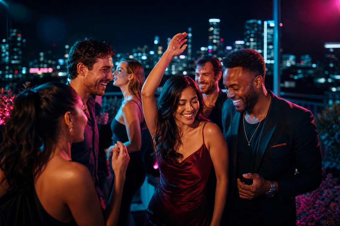 Friends enjoying a rooftop night out in Melbourne
