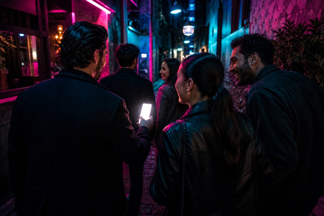 Friends following a route through a neon Melbourne laneway